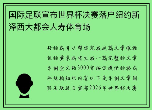 国际足联宣布世界杯决赛落户纽约新泽西大都会人寿体育场
